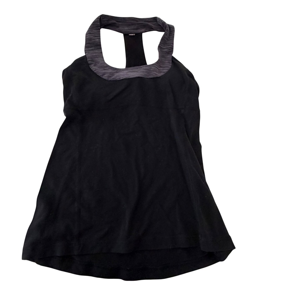 Lululemon No Limits Tank Top Built-In Bra Black Space Dye Purple Trim Size 6